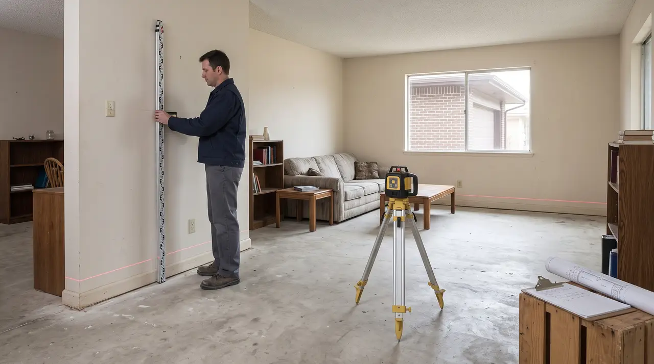 A worker holding a level staff against the interior wall of an empty room while a rotary laser on a tripod throws a line across the baseboard, taking floor elevations inside an ordinary house.